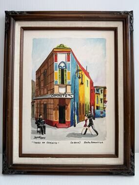 Vtg Buenos Aires Caminito Tango Watercolor Painting Signed Acosta Argentina 89